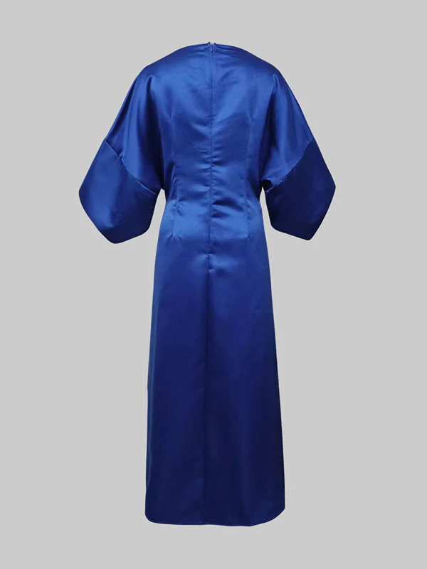 Loose Three-Quarter Sleeves Asymmetric Pleated Split-Joint Round-Neck Maxi Dresses - Image 6