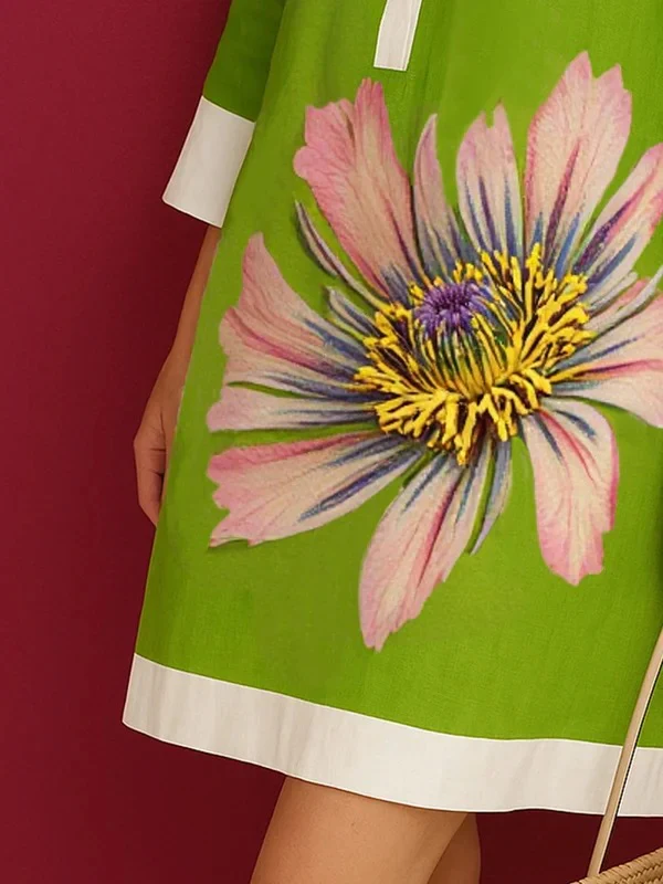 Loose Three-Quarter Sleeves Buttoned Contrast Color Flower Print Lapel Mini Dresses - Image 3