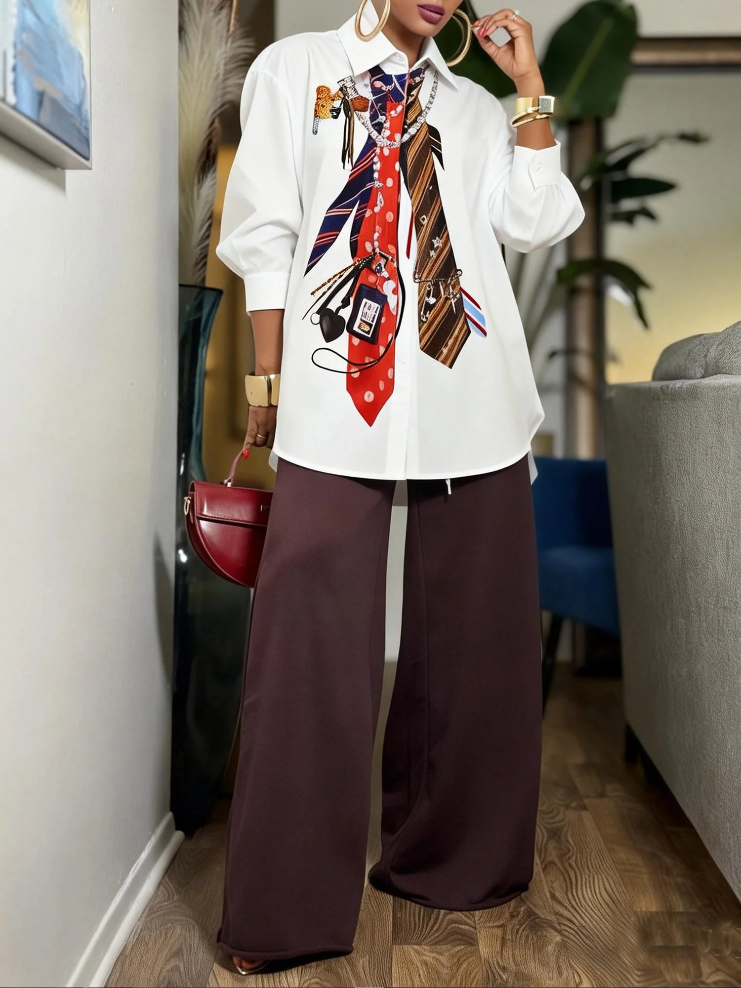 Loose Three-Quarter Sleeves Buttoned Contrast Color Printed Split-Joint Lapel Blouses&Shirts Tops - Image 2