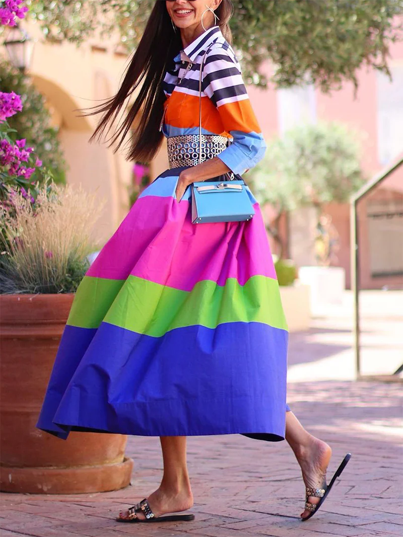 Loose Three-Quarter Sleeves Buttoned Contrast Color Striped Lapel Collar Midi Dresses - Image 2