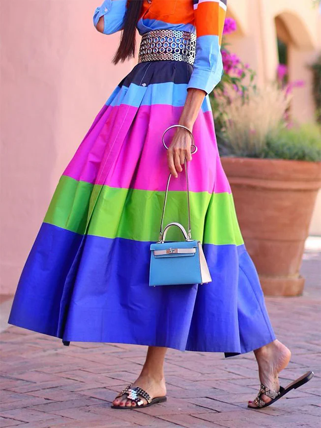 Loose Three-Quarter Sleeves Buttoned Contrast Color Striped Lapel Collar Midi Dresses - Image 4