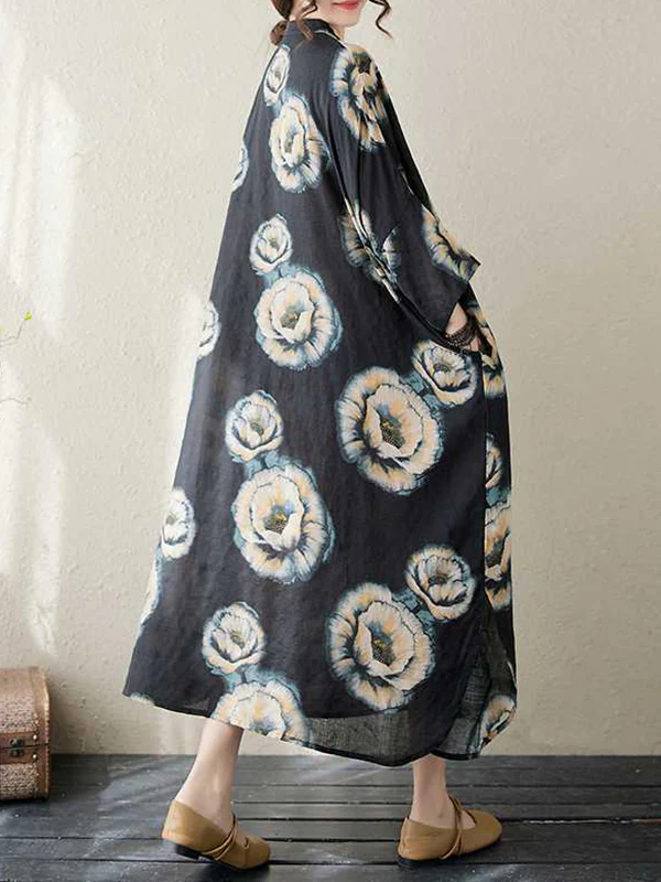 Loose Three-quarter Sleeves Buttoned Flower Print Stand Collar Midi Dresses - Image 10