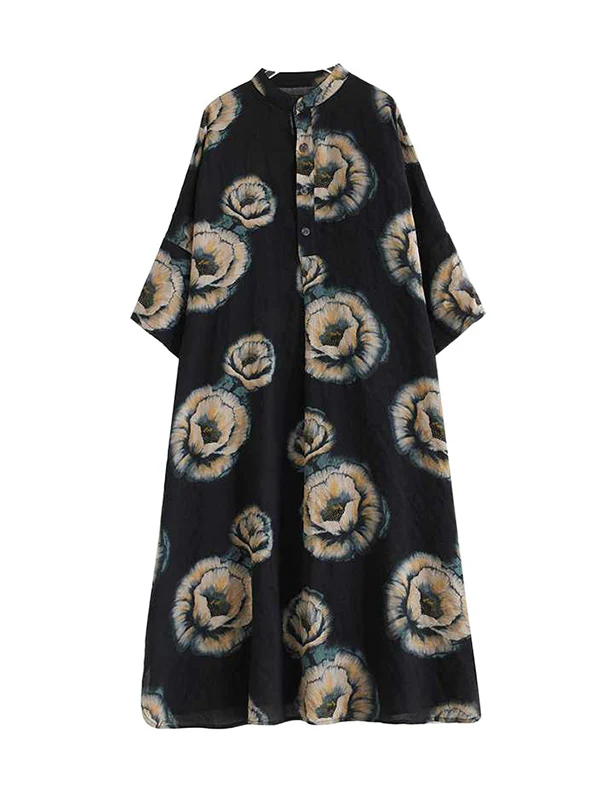 Loose Three-quarter Sleeves Buttoned Flower Print Stand Collar Midi Dresses - Image 11
