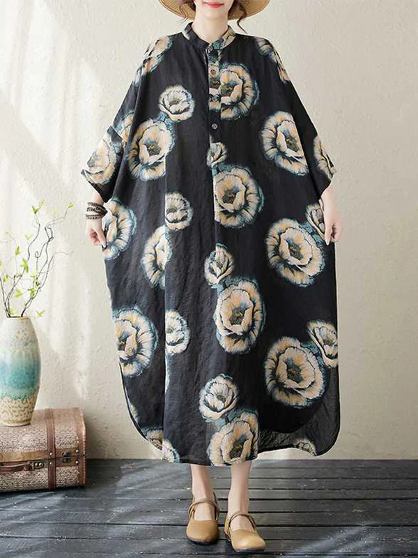 Loose Three-quarter Sleeves Buttoned Flower Print Stand Collar Midi Dresses - Image 2