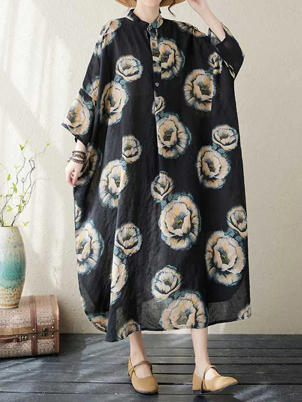 Loose Three-quarter Sleeves Buttoned Flower Print Stand Collar Midi Dresses - Image 3