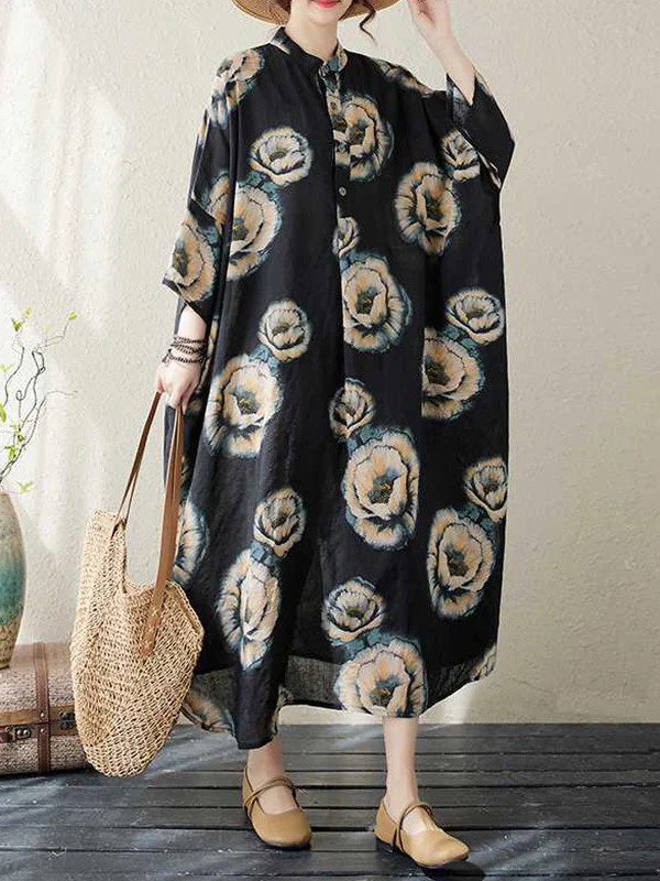 Loose Three-quarter Sleeves Buttoned Flower Print Stand Collar Midi Dresses - Image 4