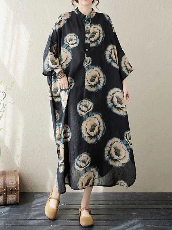 Loose Three-quarter Sleeves Buttoned Flower Print Stand Collar Midi Dresses - Image 5