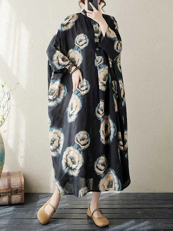Loose Three-quarter Sleeves Buttoned Flower Print Stand Collar Midi Dresses - Image 6