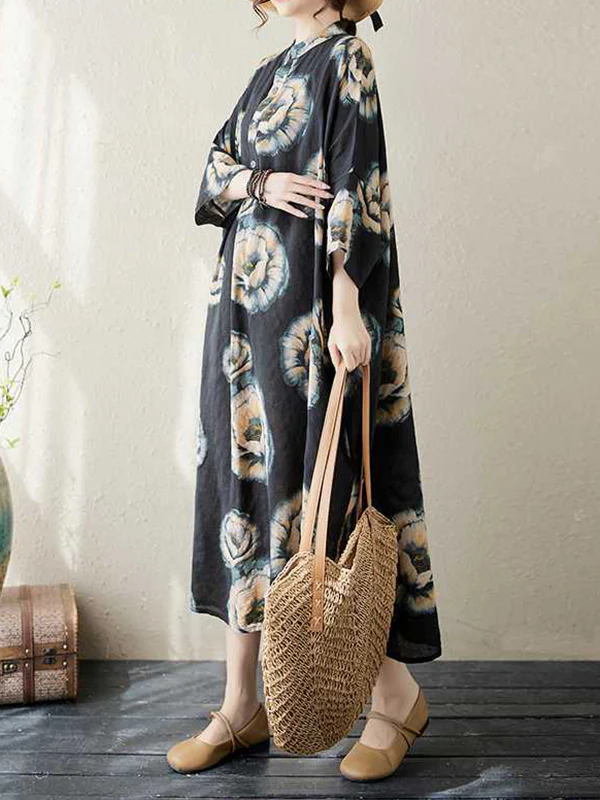 Loose Three-quarter Sleeves Buttoned Flower Print Stand Collar Midi Dresses - Image 7