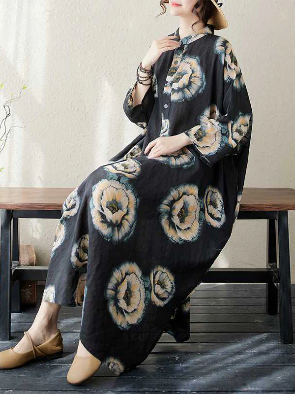 Loose Three-quarter Sleeves Buttoned Flower Print Stand Collar Midi Dresses - Image 8