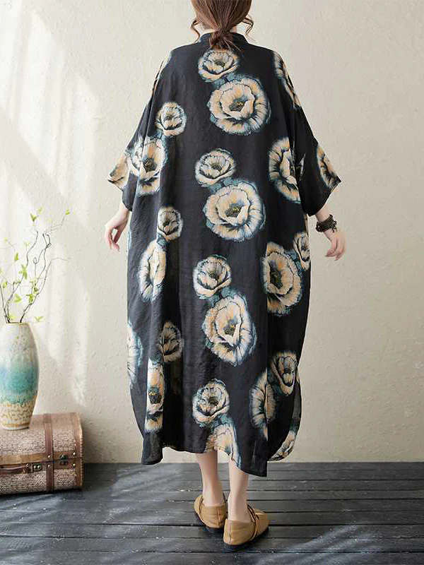 Loose Three-quarter Sleeves Buttoned Flower Print Stand Collar Midi Dresses - Image 9