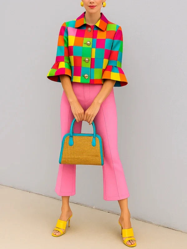 Loose Three-Quarter Sleeves Buttoned Plaid Lapel Outerwear - Image 2