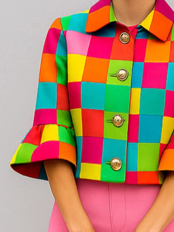 Loose Three-Quarter Sleeves Buttoned Plaid Lapel Outerwear - Image 3