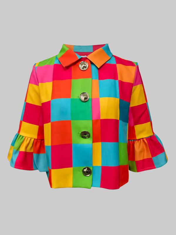Loose Three-Quarter Sleeves Buttoned Plaid Lapel Outerwear - Image 4