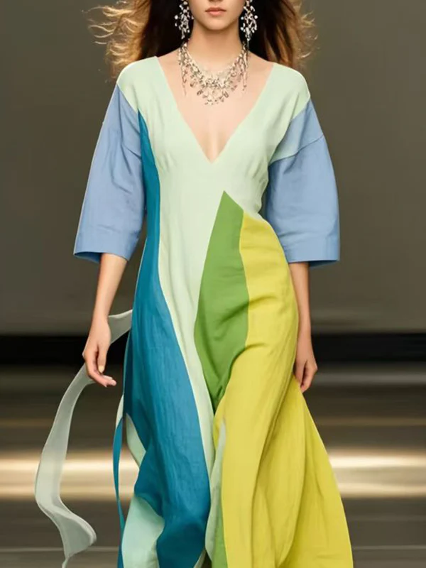 Loose Three-Quarter Sleeves Colorful Contrast Color V-Neck Maxi Dresses - Image 2
