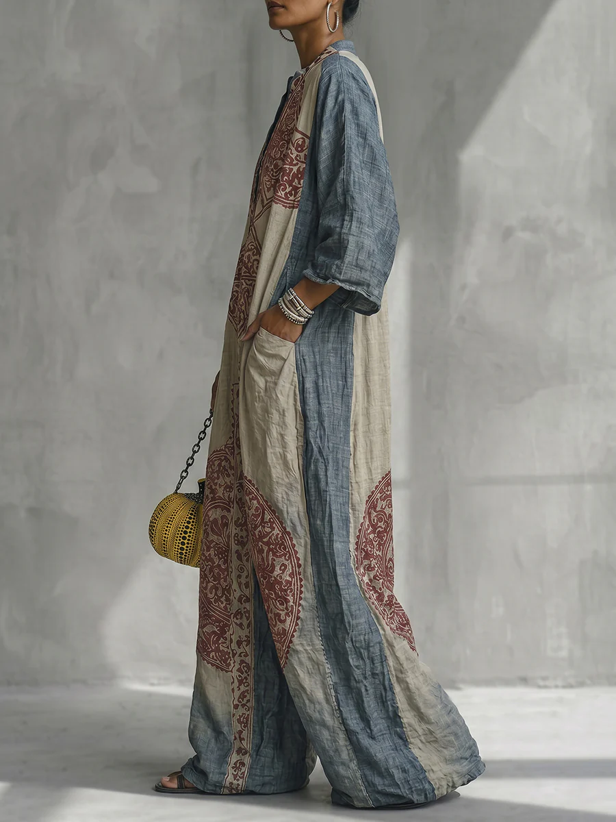 Loose Three-Quarter Sleeves Contrast Color Ethnic Printed Pockets V-Neck Jumpsuits - Image 2