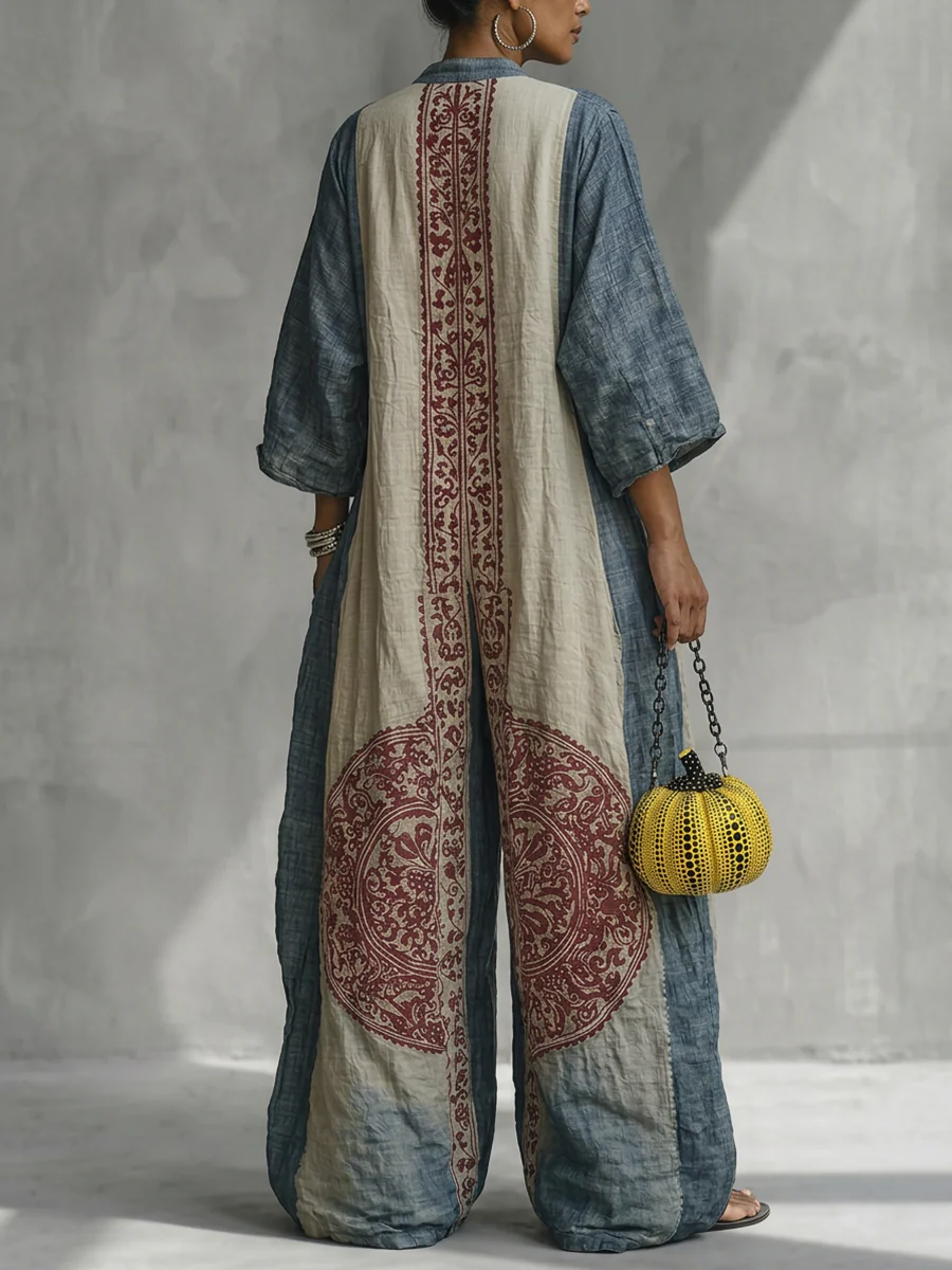 Loose Three-Quarter Sleeves Contrast Color Ethnic Printed Pockets V-Neck Jumpsuits - Image 3