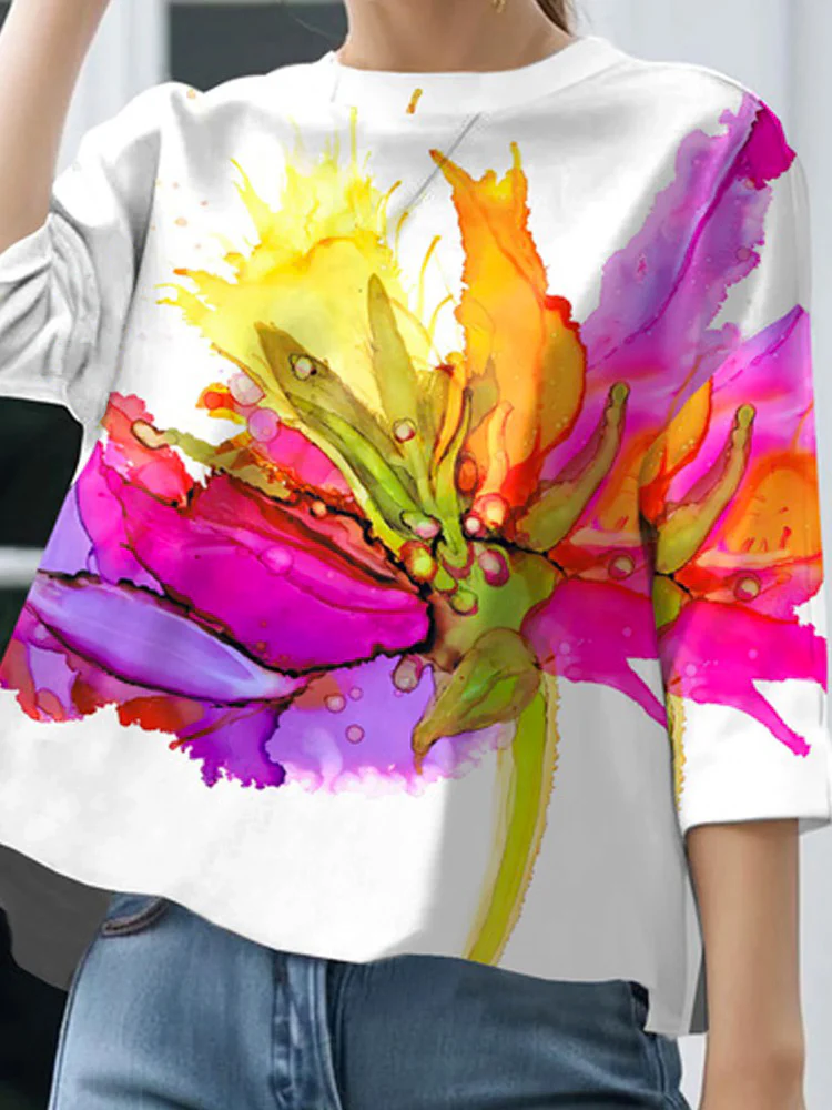 Loose Three-Quarter Sleeves Contrast Color Flower Print Round-Neck T-Shirts Tops - Image 2