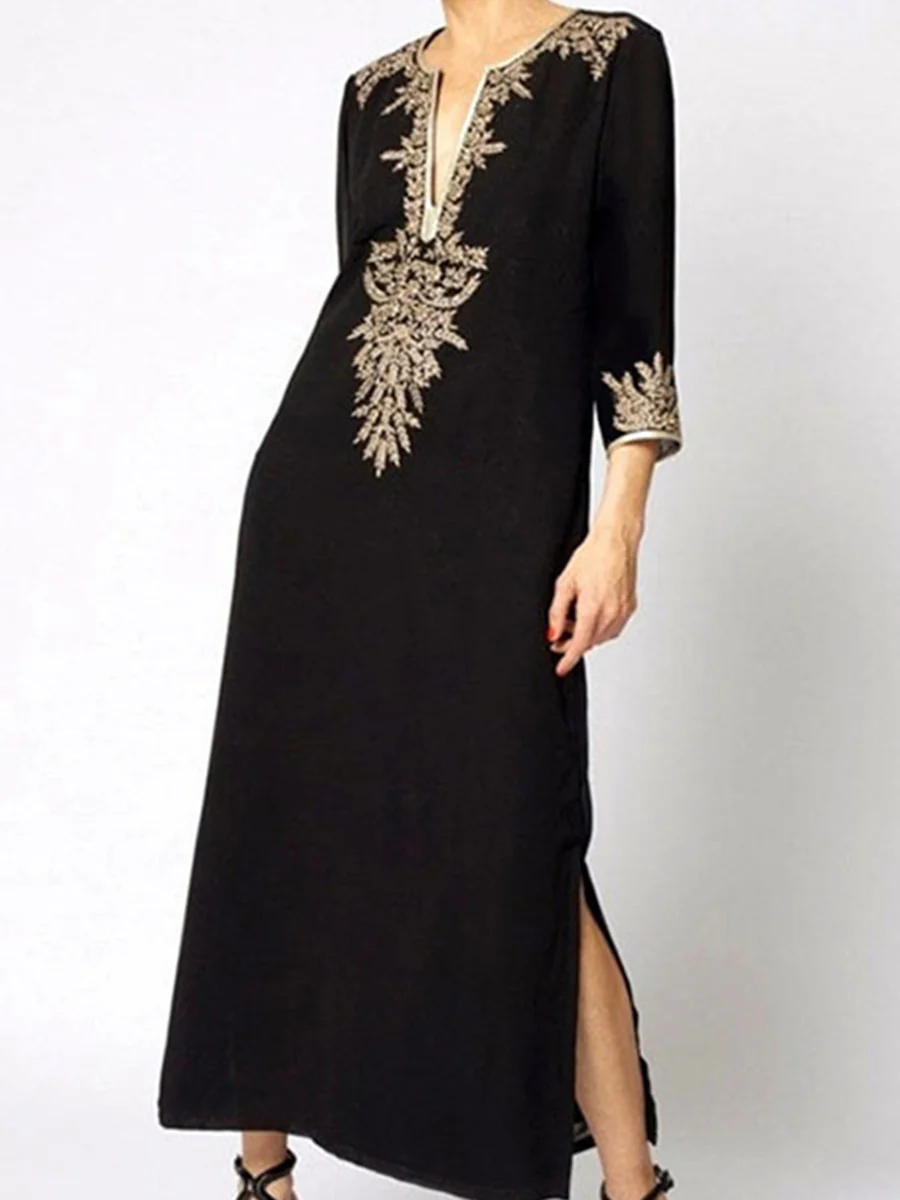 Loose Three-Quarter Sleeves Contrast Color Printed Split-Joint Split-Side V-Neck Maxi Dresses - Image 2