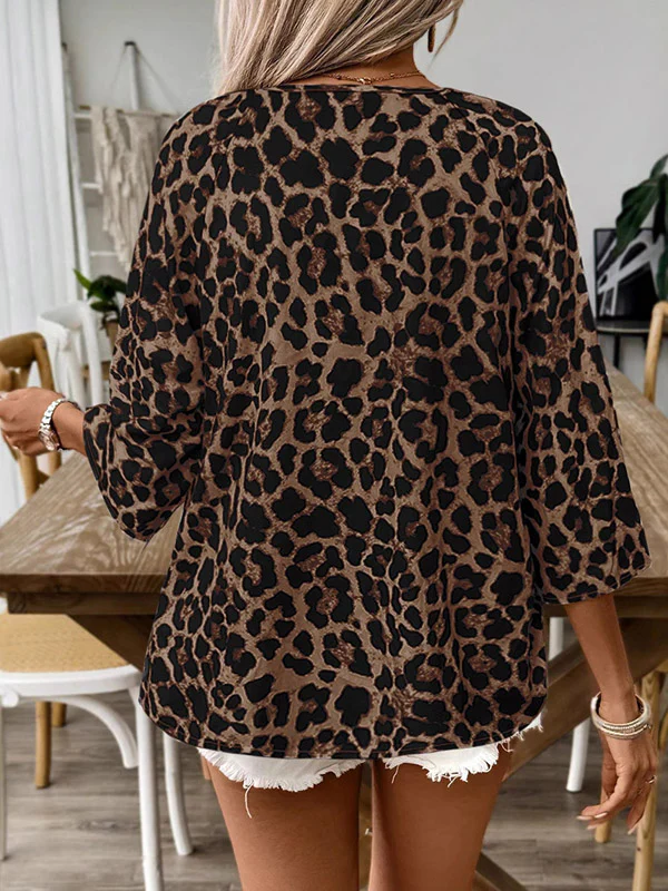 Loose Three-Quarter Sleeves Drawstring Leopard Printed V-Neck Blouses&Shirts Tops - Image 7