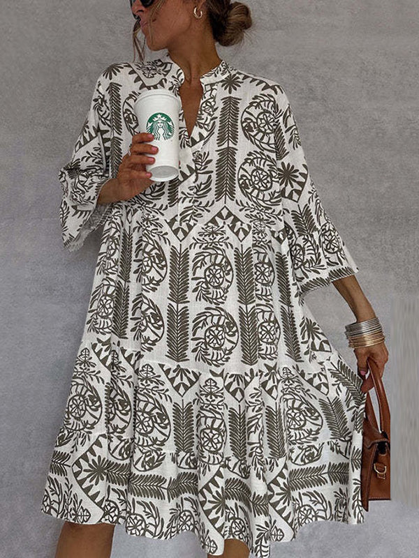 Loose Three-Quarter Sleeves Falbala Printed V-Neck Midi Dresses - Image 2