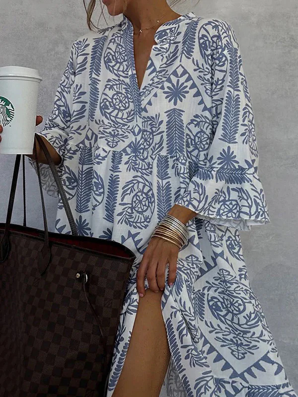 Loose Three-Quarter Sleeves Falbala Printed V-Neck Midi Dresses - Image 3