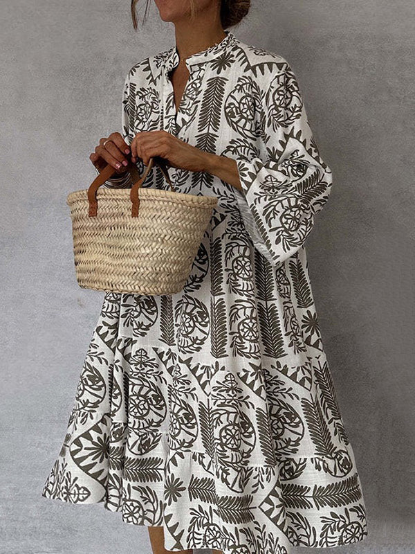 Loose Three-Quarter Sleeves Falbala Printed V-Neck Midi Dresses - Image 5