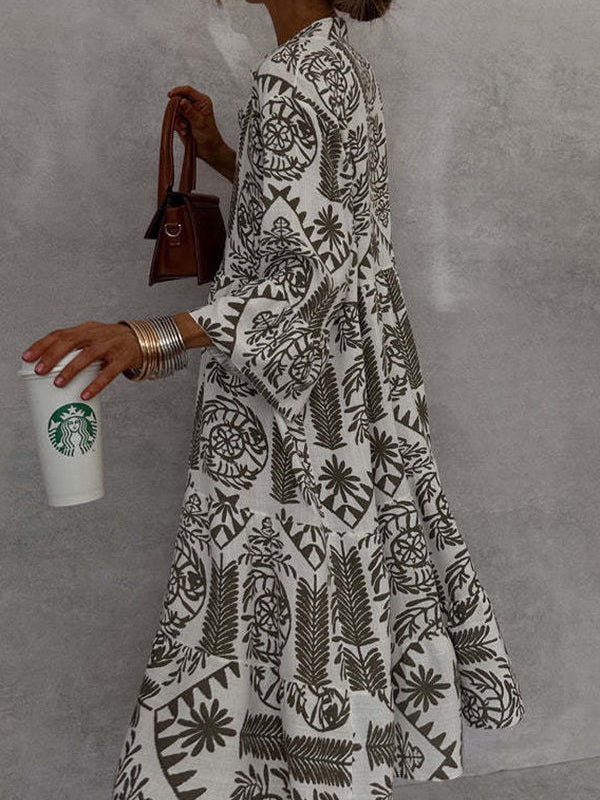 Loose Three-Quarter Sleeves Falbala Printed V-Neck Midi Dresses - Image 6