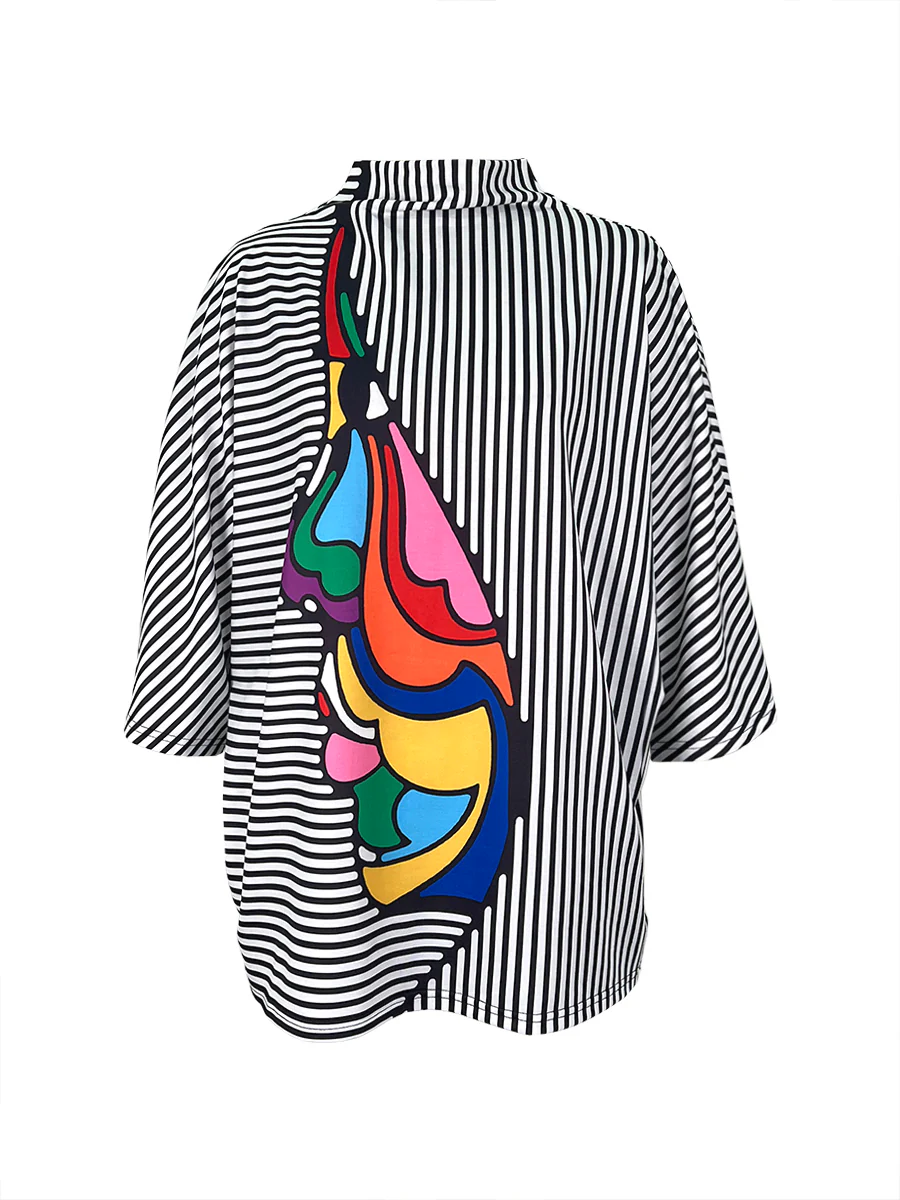 Loose Three-Quarter Sleeves Figure Printed Split-Joint Striped Stand Collar T-Shirts - Image 3