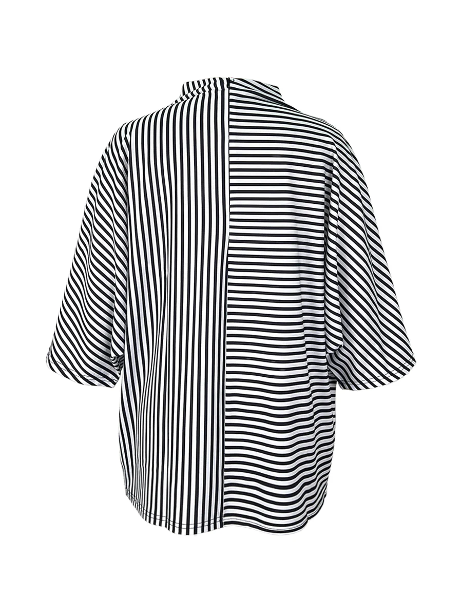 Loose Three-Quarter Sleeves Figure Printed Split-Joint Striped Stand Collar T-Shirts - Image 4