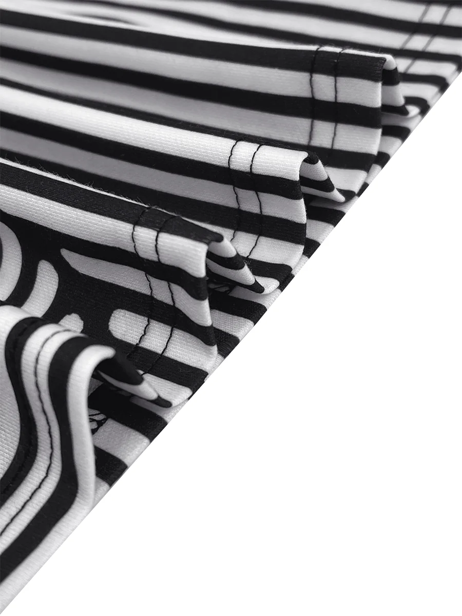 Loose Three-Quarter Sleeves Figure Printed Split-Joint Striped Stand Collar T-Shirts - Image 5