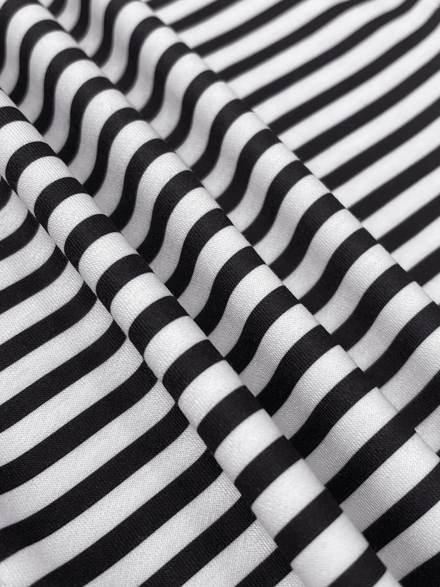 Loose Three-Quarter Sleeves Figure Printed Split-Joint Striped Stand Collar T-Shirts - Image 6