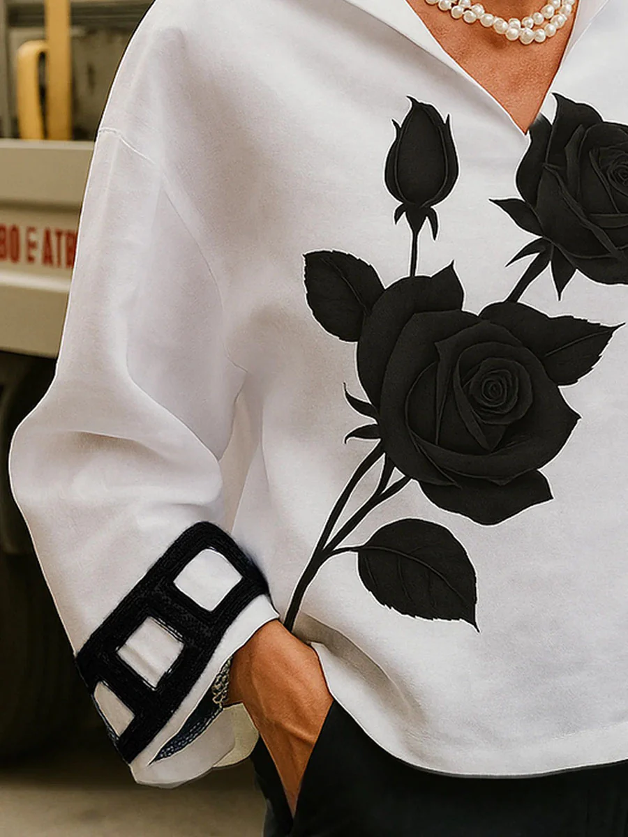 Loose Three-Quarter Sleeves Flower Print Split-Joint V-Neck Blouses&Shirts Tops - Image 4