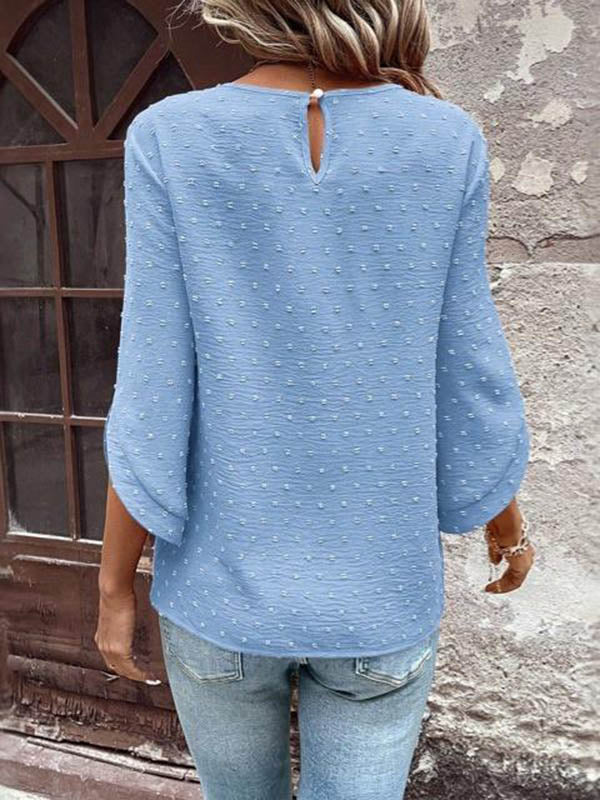 Loose Three-Quarter Sleeves Hollow Jacquard Split-Joint Round-Neck T-Shirts - Image 7
