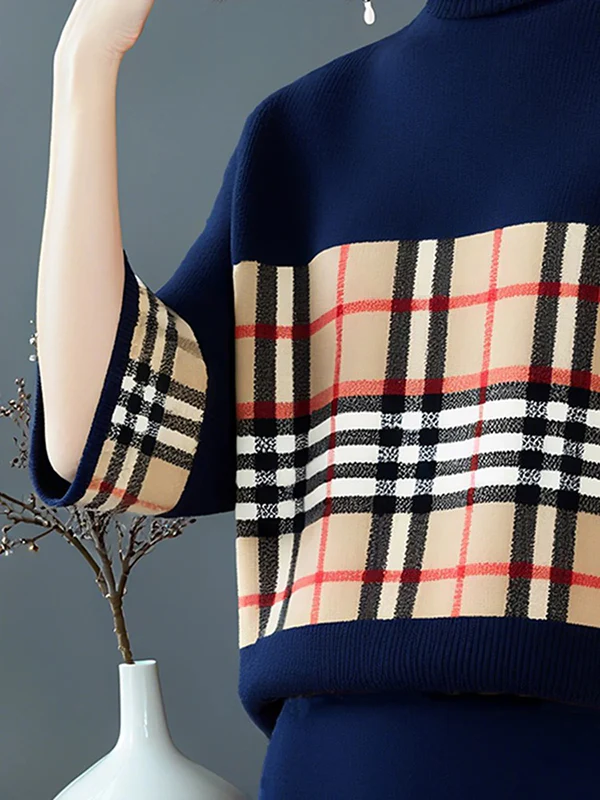 Loose Three-Quarter Sleeves Plaid Pullovers Sweater Tops - Image 3