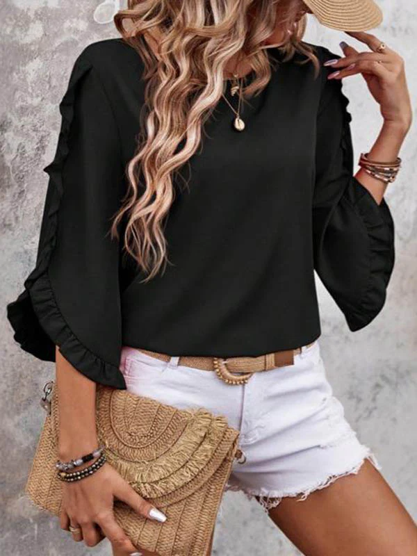 Loose Three-Quarter Sleeves Pleated Ruffled Solid Color Split-Joint Round-Neck Blouses&Shirts Tops - Image 4