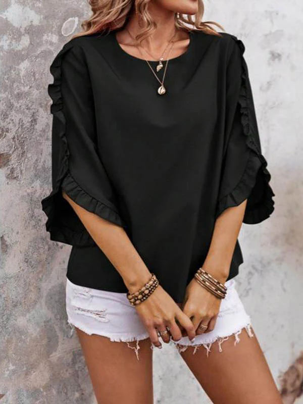 Loose Three-Quarter Sleeves Pleated Ruffled Solid Color Split-Joint Round-Neck Blouses&Shirts Tops - Image 5