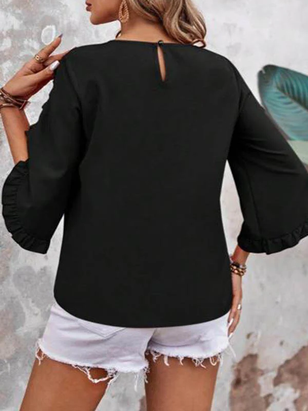 Loose Three-Quarter Sleeves Pleated Ruffled Solid Color Split-Joint Round-Neck Blouses&Shirts Tops - Image 6