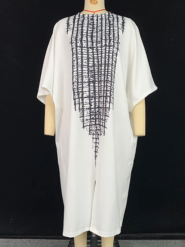 Loose Three-Quarter Sleeves Printed Split-Front Round-Neck Midi Dresses - Image 3