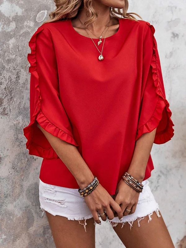 Loose Three-Quarter Sleeves Ruffle Trim Solid Color Round-Neck T-Shirts Tops - Image 10