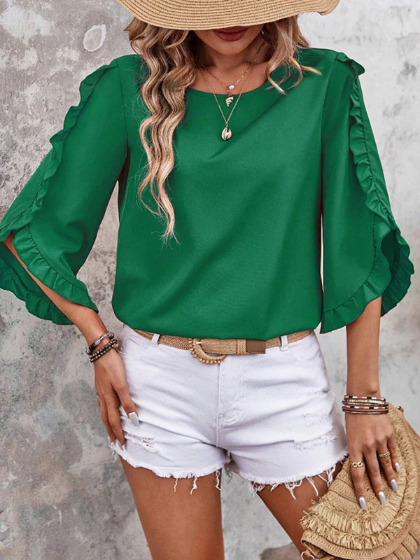 Loose Three-Quarter Sleeves Ruffle Trim Solid Color Round-Neck T-Shirts Tops - Image 12