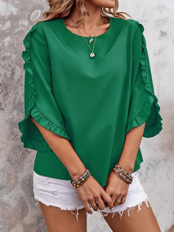 Loose Three-Quarter Sleeves Ruffle Trim Solid Color Round-Neck T-Shirts Tops - Image 13