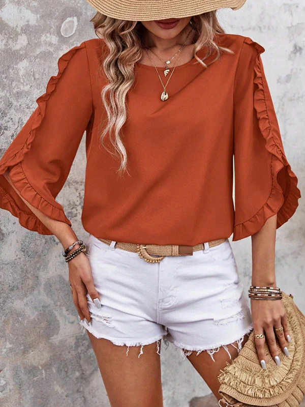 Loose Three-Quarter Sleeves Ruffle Trim Solid Color Round-Neck T-Shirts Tops - Image 17