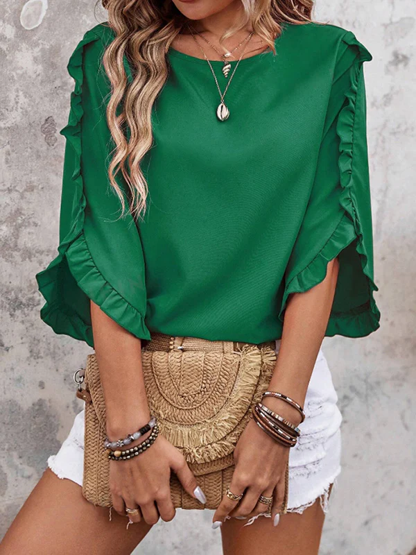 Loose Three-Quarter Sleeves Ruffle Trim Solid Color Round-Neck T-Shirts Tops - Image 2