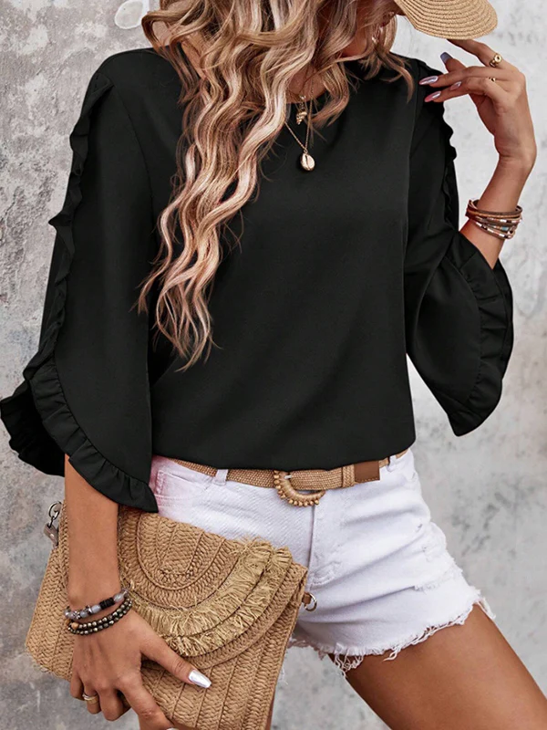Loose Three-Quarter Sleeves Ruffle Trim Solid Color Round-Neck T-Shirts Tops - Image 5