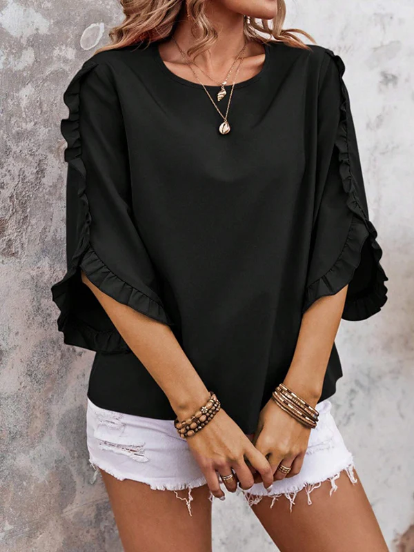 Loose Three-Quarter Sleeves Ruffle Trim Solid Color Round-Neck T-Shirts Tops - Image 7