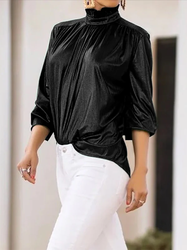 Loose Three-Quarter Sleeves Shiny Solid Color High-Neck Blouses&Shirts Tops - Image 2