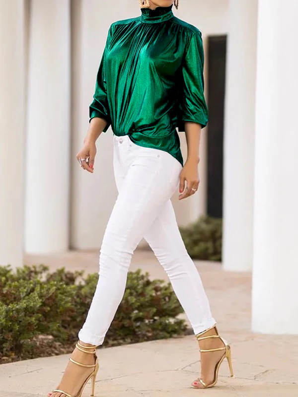 Loose Three-Quarter Sleeves Shiny Solid Color High-Neck Blouses&Shirts Tops - Image 3