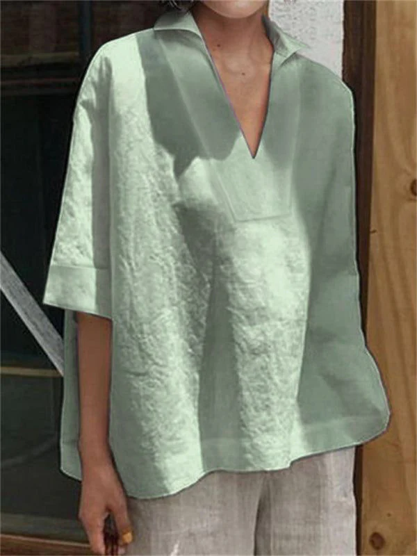 Loose Three-Quarter Sleeves Solid Color Lapel T-Shirts Tops - Image 3