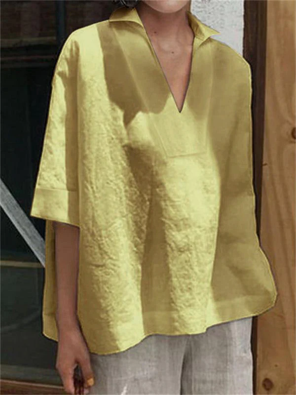 Loose Three-Quarter Sleeves Solid Color Lapel T-Shirts Tops - Image 4